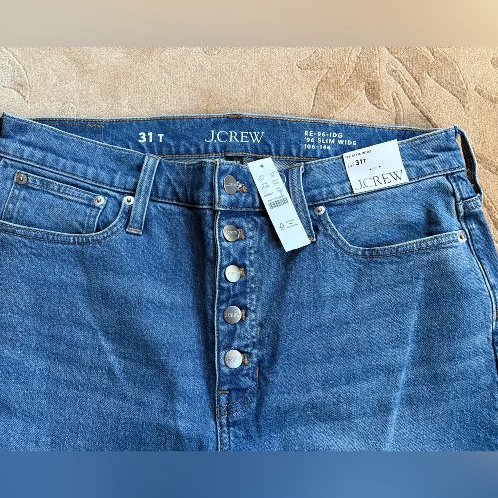 NWT, Tall J Crew Slim Wide Leg Jeans, Medium Wash, Button Fly, 31 Tall, 30” IS